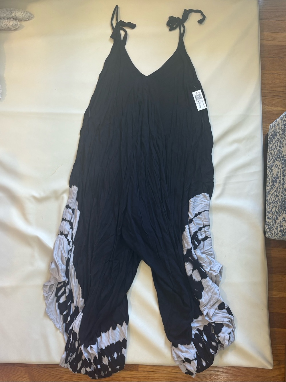 Black Tie-Shoulder Jumpsuit with White Tie-Dye Panels